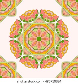 Beautiful spring seamless pattern with mandalas. Vector background