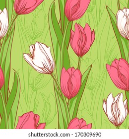 beautiful spring seamless pattern with pink and white tulips. vector illustration 