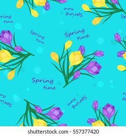 Beautiful spring seamless pattern with Yellow,blue crocuses.The flowers of saffron on a blue background.Vector illustration.Print for gift wrapping,fabric, paper,postcards and website design.