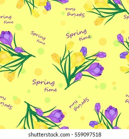 Beautiful spring seamless pattern with Yellow,blue crocuses.The flowers of saffron on a yellow background."spring Time"Vector illustration.Print for gift wrapping,fabric, paper,postcards and website.
