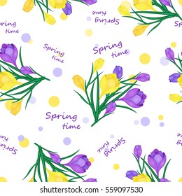 Beautiful spring seamless pattern with Yellow,blue crocuses.The flowers of saffron on a white background.Vector illustration.spring Time.Print for gift wrapping,fabric, paper,cards and website design.