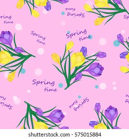 Beautiful spring seamless pattern with Yellow,blue crocuses.The flowers of saffron on a pink background.Vector illustration.Print for gift wrapping,fabric, paper,postcards and website design.