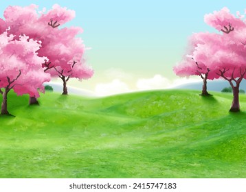 Beautiful spring season background with sunny meadow and cherry blossom trees