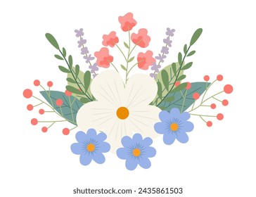 Beautiful spring or summer bouquet on a white background. Cute hand drawn flat vector flowers, leaves, berries. Vector illustration for card, banner, poster, wedding invitation. Floral spring poster.