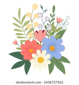 Beautiful spring or summer bouquet on a white background. Cute hand drawn flat vector flowers, leaves, berries. Vector illustration for card, banner, poster, wedding invitation. Floral spring poster.