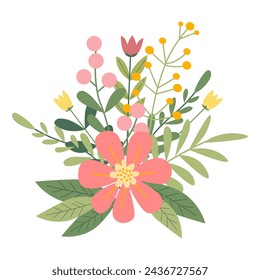 Beautiful spring or summer bouquet on a white background. Cute hand drawn flat vector flowers, leaves, berries. Vector illustration for card, banner, poster, wedding invitation. Floral spring poster.