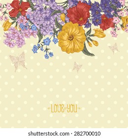 Beautiful Spring and Summer Floral Bouquet for Invitation Cards with Butterflies, Botanical Vector illustration on Polka Dot Background