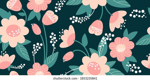 Beautiful spring and summer flowers. Seamless bright background with wildflowers. Pink flowers on a dark background. Idea for attractive textiles, packaging