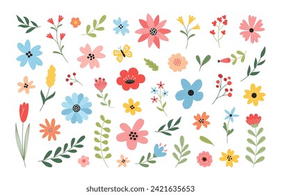 Schöne Frühlings- und Sommerblumen. Blätter, Pflanzen, Äste, Blumenstrauß. Vektorgrafik.