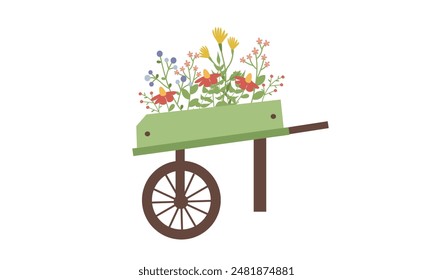 Beautiful spring or summer flowers in a wheel barrow. Spring background for invitation card or sticker. Vector illustration isolate on white background ,garden tool .