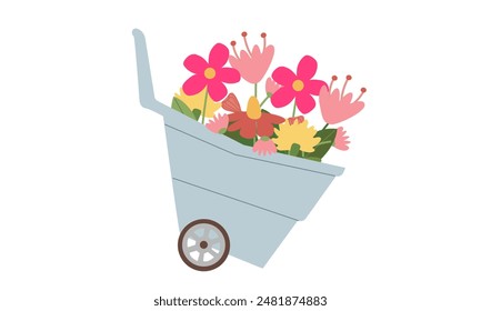 Beautiful spring or summer flowers in a wheel barrow. Spring background for invitation card or sticker. Vector illustration isolate on white background ,garden tool .