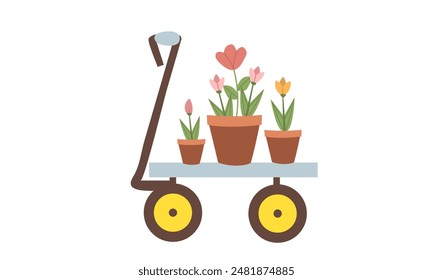 Beautiful spring or summer flowers in a wheel barrow. Spring background for invitation card or sticker. Vector illustration isolate on white background ,garden tool .