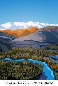 Beautiful spring or summer landscape with an blue sky, rivers, forest, mountains, clouds and snow peaks on background. Landscape background for your arts