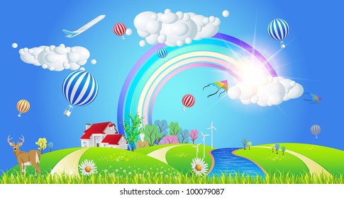 Beautiful Spring Summer Landscape - Vector Illustration