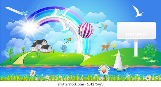 Beautiful Spring Summer Landscape - Vector Illustration