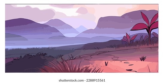 Hermoso paisaje primaveral o veraniego con un cielo violeta, bosque, montañas, nubes y picos sobre el fondo. Antecedentes paisajísticos para sus artes
