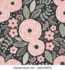 Beautiful spring summer pink flower bouquet delicate vector seamless pattern on dark background.