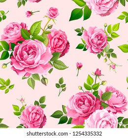 Beautiful spring or summer seamless pattern with bouquets flowers of pink blooming roses, green leaves and buds on a light pink background. Lovely floral design element of textile. Vector illustration