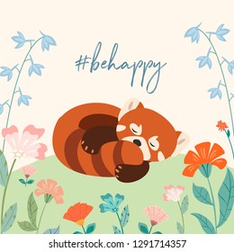 Beautiful spring template with cute sleeping red panda and text. Vector illustration. Can be used for banner, poster, greeting card, postcard and print.