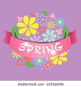 Beautiful spring template with a pink ribbon, greeting background