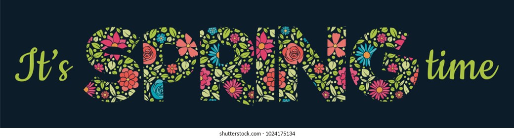 Beautiful Spring text with hand dawn flowers. Vector.