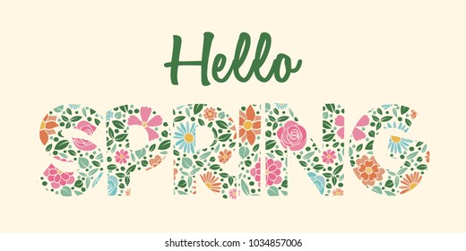 Beautiful Spring text with hand dawn flowers. Vector.