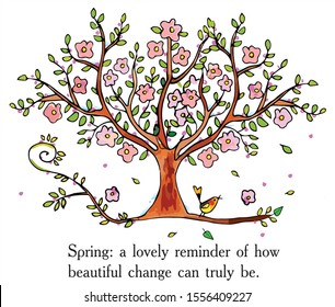 Beautiful spring tree with wisdom words. Colored vector for card or gift. 
