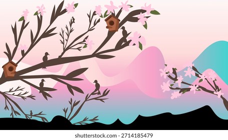 Beautiful spring vector with birds on tree branches, pink blossoms, and birdhouses. Perfect for nature themed designs, backgrounds, invitations, and prints.  
