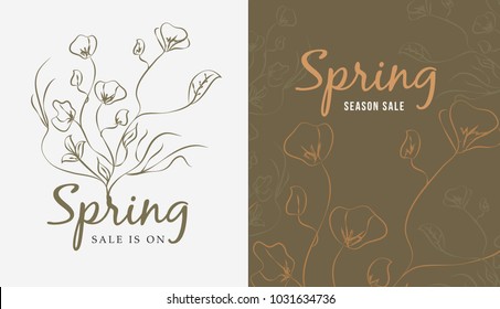Beautiful spring vector sale design, floral outline background, isolated vector design, best for your flyer, website, banner and brochure design. hand drawn plants and flowers, space for text.