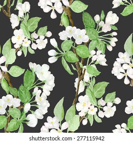 Beautiful spring watercolor seamless pattern with hand drawn apple tree branches with flowers