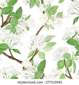 Beautiful spring watercolor seamless pattern with hand drawn apple tree branches with flowers