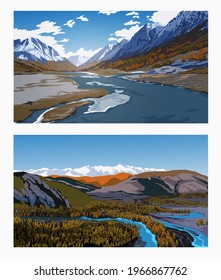 Beautiful spring or winter landscapes with an blue sky, rivers, forest, mountains, clouds and snow peaks on background. Landscape backgrounds for your arts