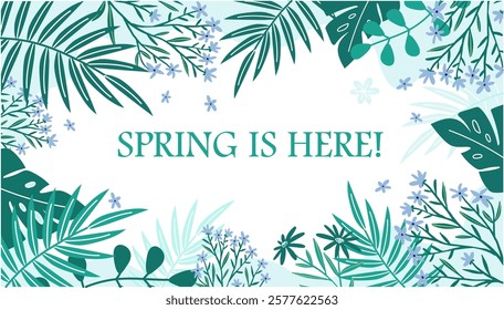 A beautiful spring-themed background illustration with lush green tropical leaves in a modern, elegant design. perfect for seasonal promotion, greeting cards, social media post , nature related design