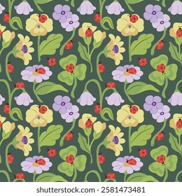 Beautiful spring-themed seamless pattern featuring yellow and purple flowers, ladybugs, and leaves on a dark green background. Ideal for lovely, nature-inspired designs and seasonal projects.