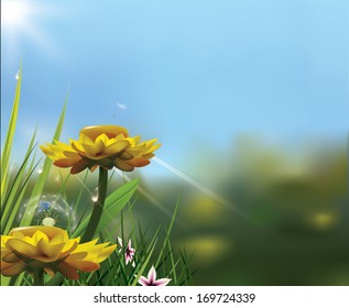 Beautiful springtime field with yellow flowers. Vector illustration