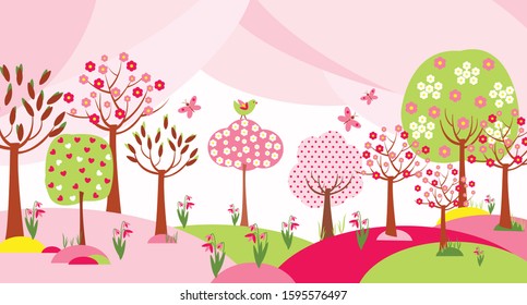 Beautiful springtime landscape in pink and green. Magical forest with blooming trees and happy animals. Fairytale world concept. Cute cartoon decor for kids. Flat style background. Vector illustration