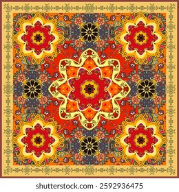 Beautiful square bandana print with shining mandalas. Pattern with ethnic motifs.