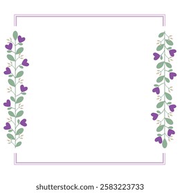 Beautiful Square Border Frame With Green Leaves And Love Purple Flowers
