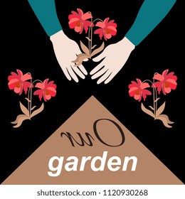 A beautiful square card with the hands of a gardener planting red flowers and the text "Our garden" in the vector.