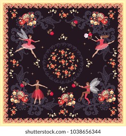 Beautiful square card or pillowcase with cute ballerinas, fairy and elf with magic peacocks and flowers on paisley background in vector. Ethnic motives.