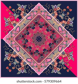 Beautiful square carpet with stylized rose and ornamental frame. Bright vector illustration. Diagonal composition.