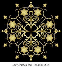 Beautiful square cross design with vintage floral motifs. Rectangular geometrical ornament with four heart symbols made of blooming vines. Golden glossy silhouette on black background.