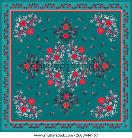 Beautiful square floral pattern for napkin, pillow, bedspread, tablecloth, shawl, carpet in folk style. Flowers, berries, leaves, curls on emerald background in vector.
