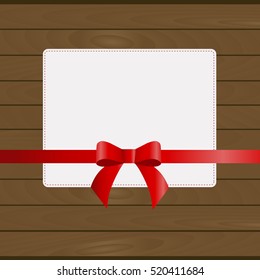Beautiful square frame against the wall of wooden planks with a red bow. Template for greeting card for the holiday. Vector illustration