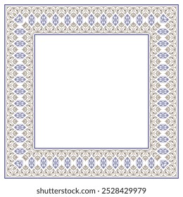 Beautiful square frame arabesque. Gold blue plate with floral design. Ornate element for design for wedding invitations, greeting cards. Traditional decor for square surfaces, textiles, embroidery.