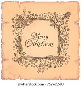 Beautiful square frame made of branches with Christmas decorations for Christmas and New Year greeting cards, invitations and other items.