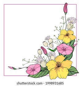 Beautiful square frame with pink and yellow flowers. Background for greetings and postcards. Design of a poster, a postcard, a poster. Vector illustration