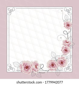 Beautiful square frame with roses on pink background for greeting card or invitation design.