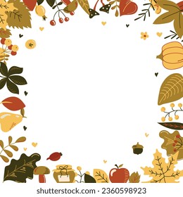 Bonito marco cuadrado con varias plantas. El brillante patrón otoñal sin fisuras. Otoño. Colores brillantes. Obtenido a mano. Ilustración del vector