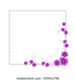 Beautiful square frame with violet mallow flowers and pearls isolated on white background for greeting card or invitation design.